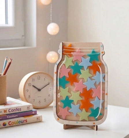 Bocal à Succès : Outil de motivation Montessori en bois (inclus 25 étoiles)